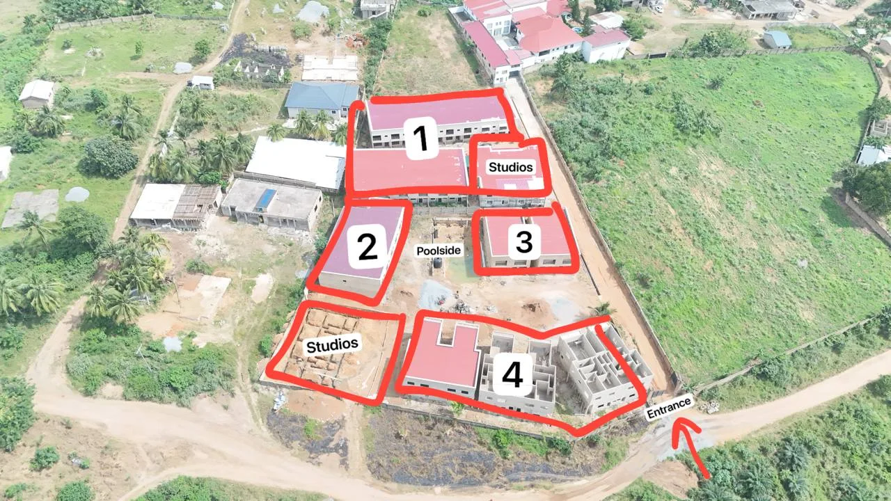Aerial photograph showing the four development phases